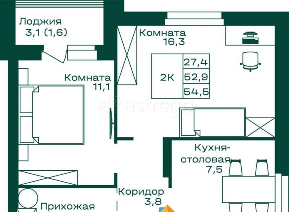 2-комн. квартира, 54.5 м2, 1/8 эт. Майма - изображение 1