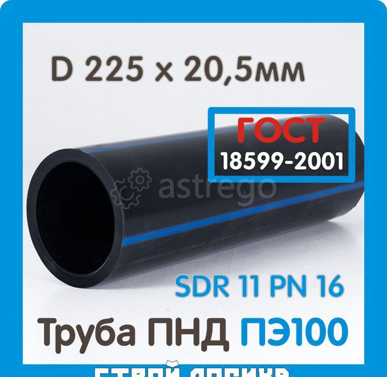 Труба ПНД ПЭ100 SDR11  225x20,5 мм PN 16, напорная для холодной воды, ГОСТ 18599-2001 (хлыст 13 м.п. Санкт-Петербург - изображение 1