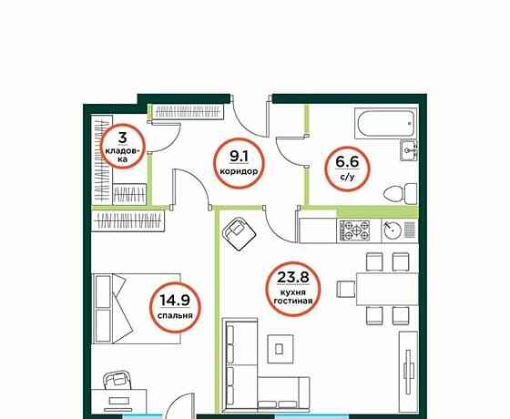 2-комн. квартира, 59.05 м2, 4/8 эт. Емельяново