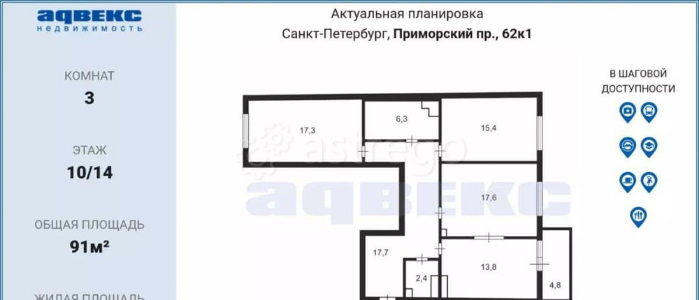 3-комн. квартира, 91 м2, 10/13 эт. Санкт-Петербург - изображение 4